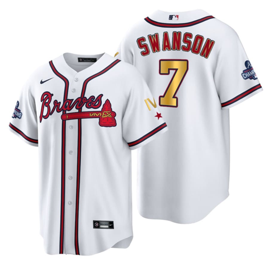Men's Atlanta Braves Dansby Swanson White Gold IV World Series Champions Jersey
