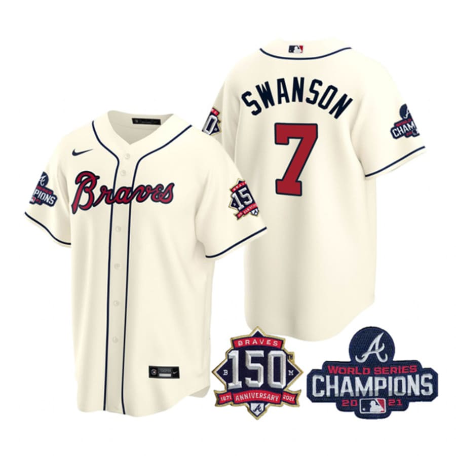 Men's Atlanta Braves Dansby Swanson Cream 2021 World Series Champions Cool Base Jersey