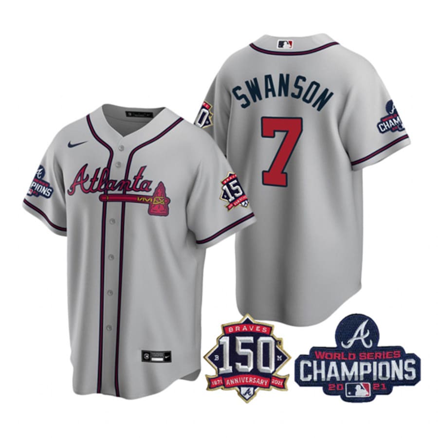 Men's Atlanta Braves Dansby Swanson Gray 2021 World Series Champions Cool Base Jersey