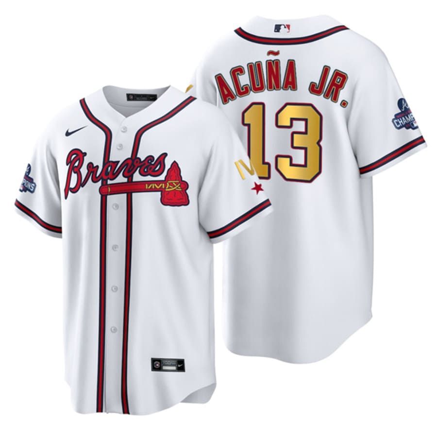 Men's Atlanta Braves Ronald Acuna Jr. White Gold IV World Series Champions Jersey