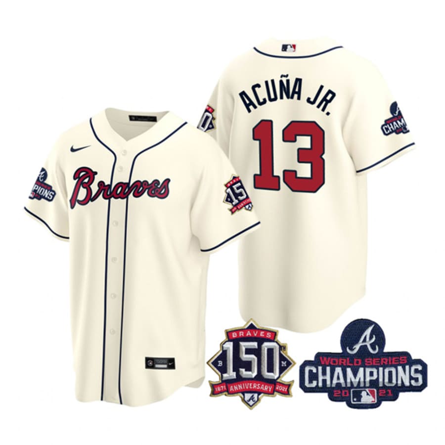 Men's Atlanta Braves Ronald Acuna Jr. Cream 2021 World Series Champions Cool Base Jersey