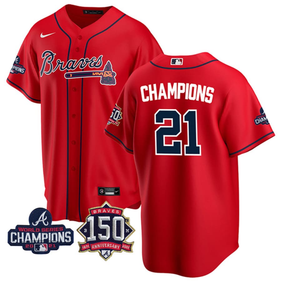 Men's Atlanta Braves Champions Red 2021 World Series Champions Cool Base Jersey
