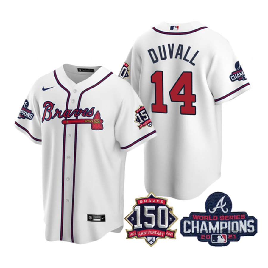 Men's Atlanta Braves Adam Duvall White 2021 World Series Champions Cool Base Jersey