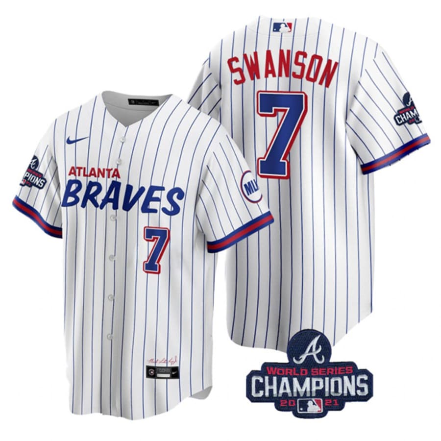 Men's Atlanta Braves Dansby Swanson 2021 World Series Champions White City Jersey