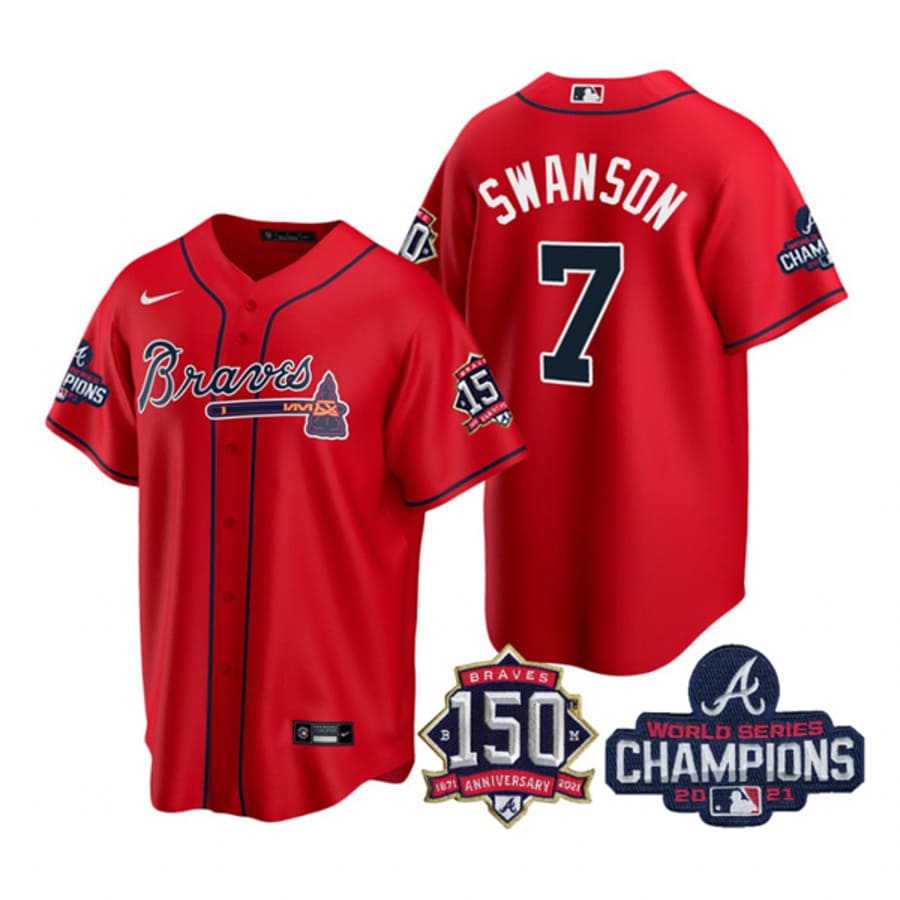 Men's Atlanta Braves Dansby Swanson Red 2021 World Series Champions Cool Base Jersey