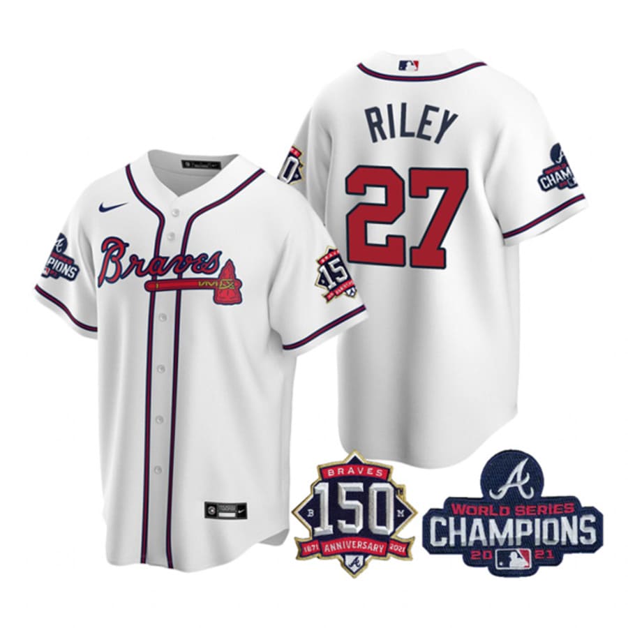 Men's Atlanta Braves Austin Riley White 2021 World Series Champions Cool Base Jersey