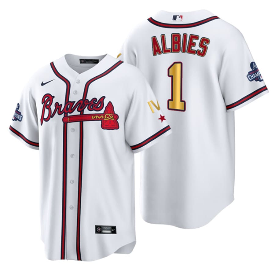 Men's Atlanta Braves Ozzie Albies White Gold IV World Series Champions Jersey
