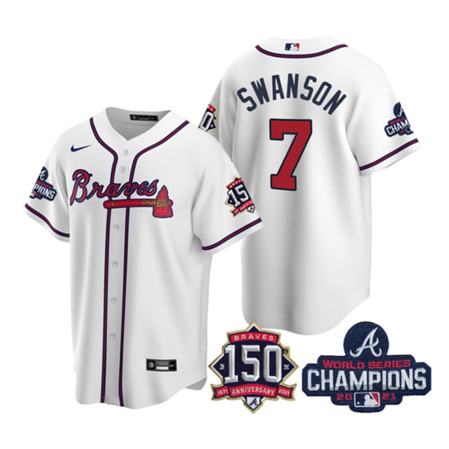 Men's Atlanta Braves Dansby Swanson White 2021 World Series Champions Cool Base Jersey