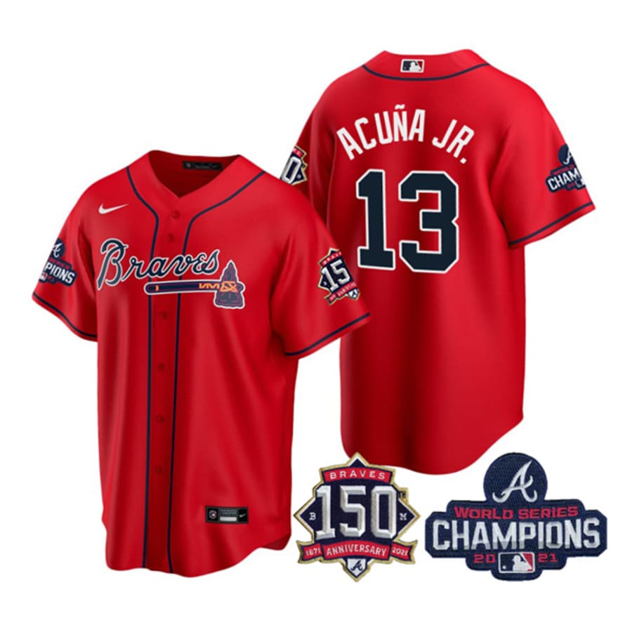 Men's Atlanta Braves Ronald Acuna Jr. Red 2021 World Series Champions Cool Base Jersey