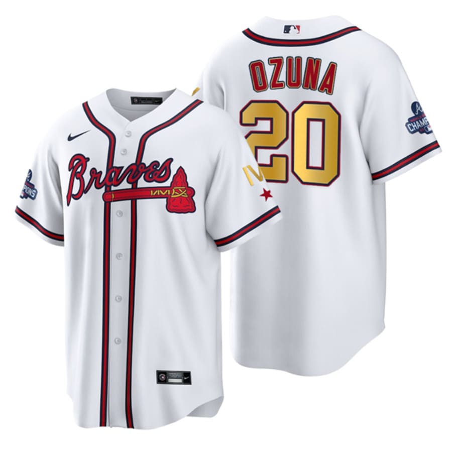 Men's Atlanta Braves Marcell Ozuna White Gold IV World Series Champions Jersey