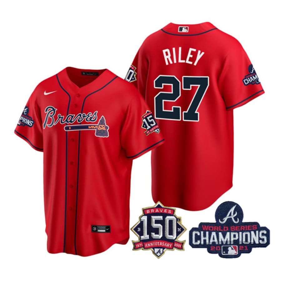 Men's Atlanta Braves Austin Riley Red 2021 World Series Champions Cool Base Jersey