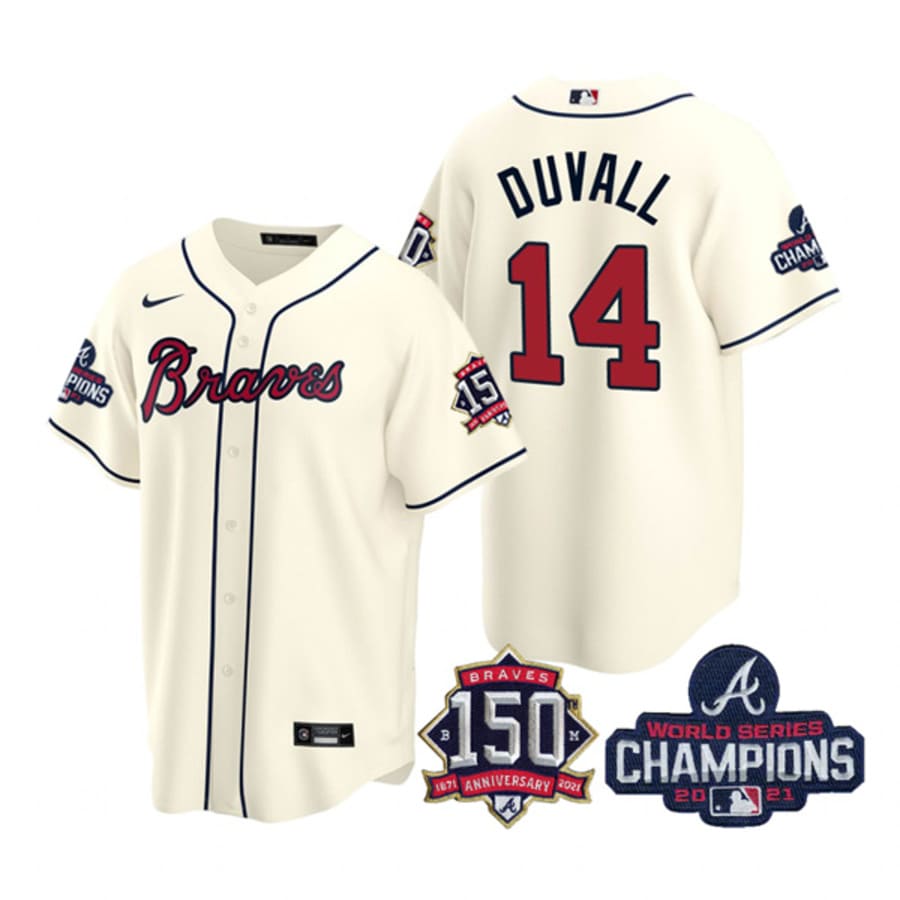Men's Atlanta Braves Adam Duvall Cream 2021 World Series Champions Cool Base Jersey