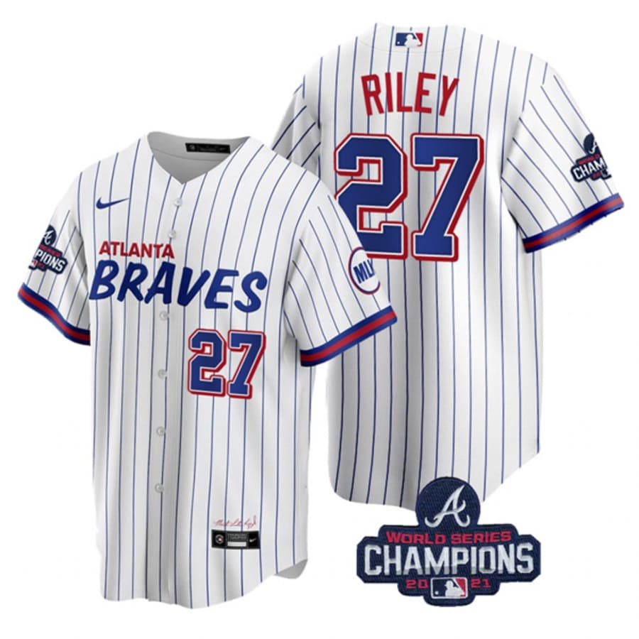 Men's Atlanta Braves Austin Riley 2021 World Series Champions White City Jersey
