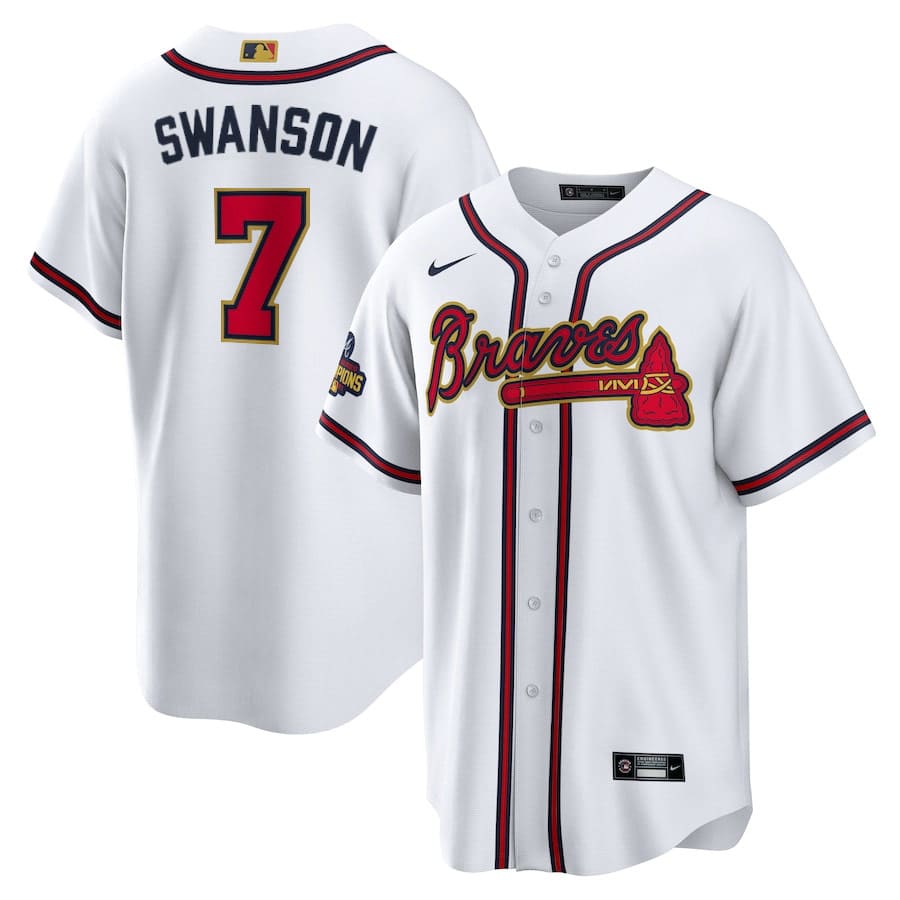 Men's Atlanta Braves Dansby Swanson 2022 Gold Program White Jersey