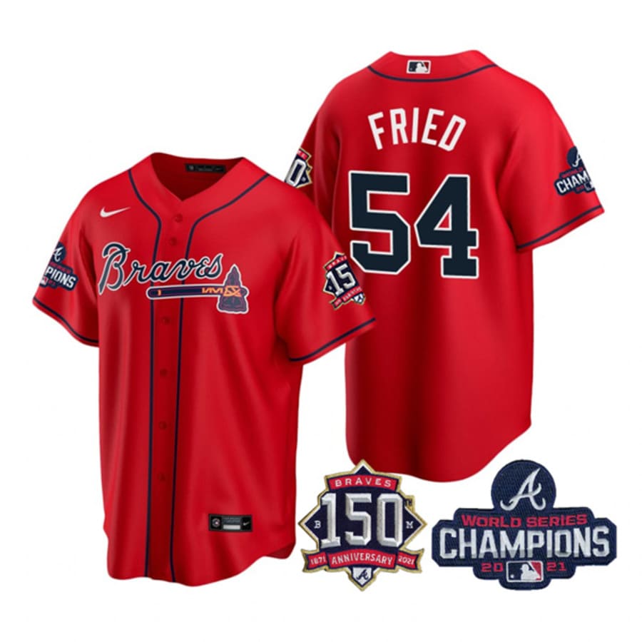 Men's Atlanta Braves Max Fried Red 2021 World Series Champions Cool Base Jersey