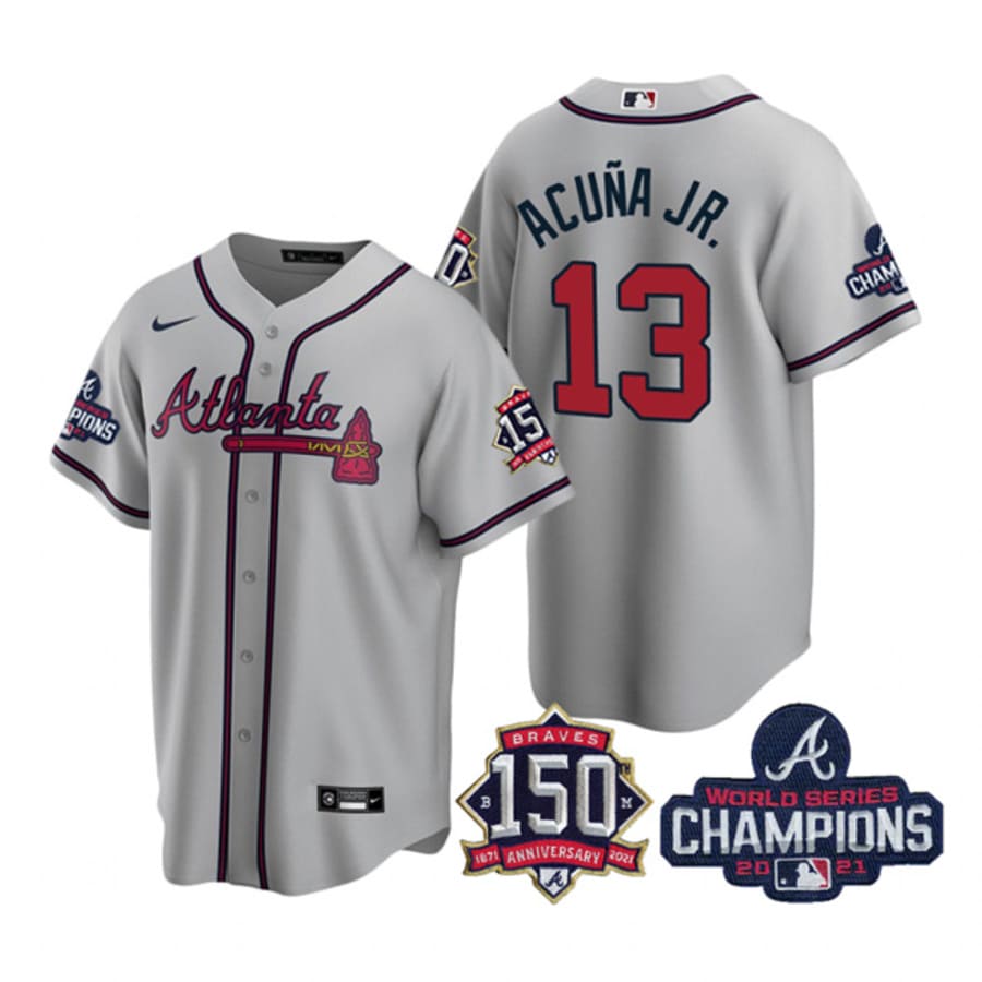 Men's Atlanta Braves Ronald Acuna Jr. Gray 2021 World Series Champions Cool Base Jersey