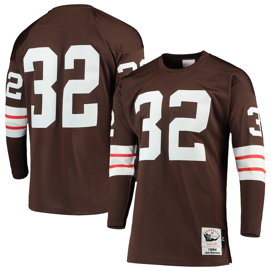 Men's Cleveland Browns Jim Brown Mitchell & Ness Brown 1964 Authentic Throwback Long Sleeve Jersey