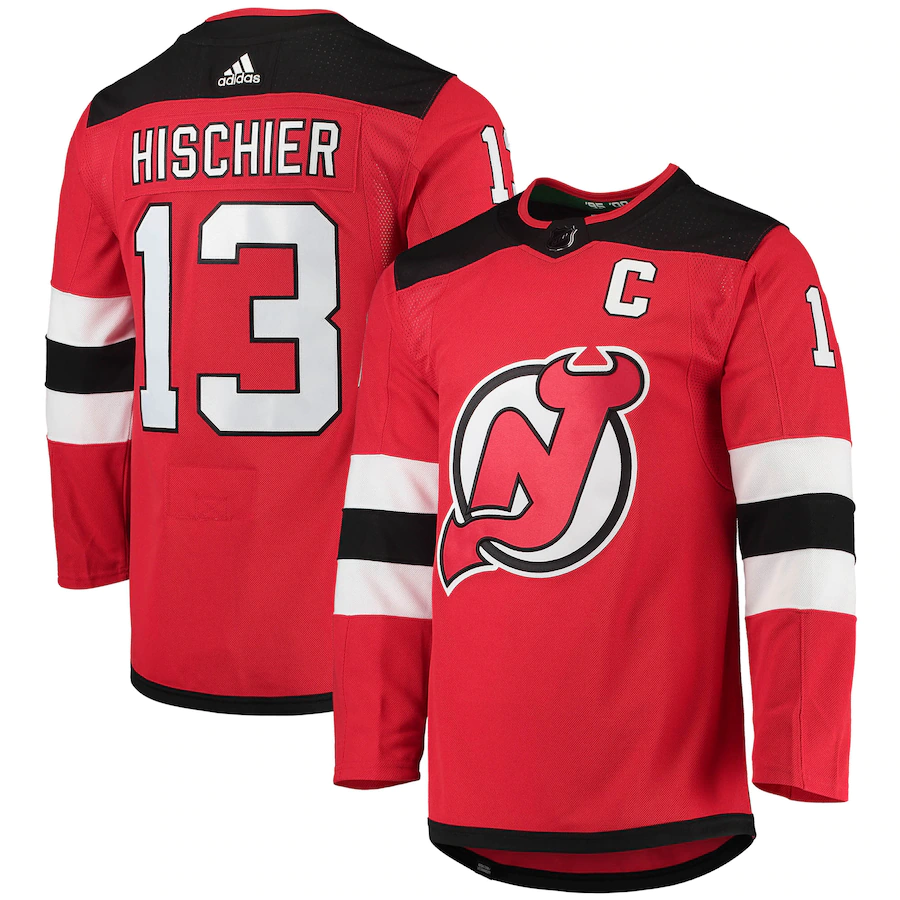 Men's New Jersey Devils Nico Hischier adidas Red Home Captain Patch Primegreen Authentic Pro Player Jersey