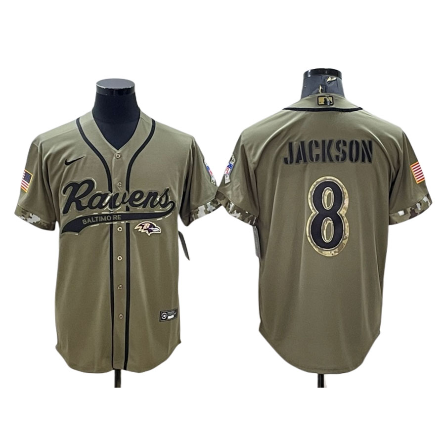 Men's Baltimore Ravens Lamar Jackson Olive Salute to Service Baseball Jersey
