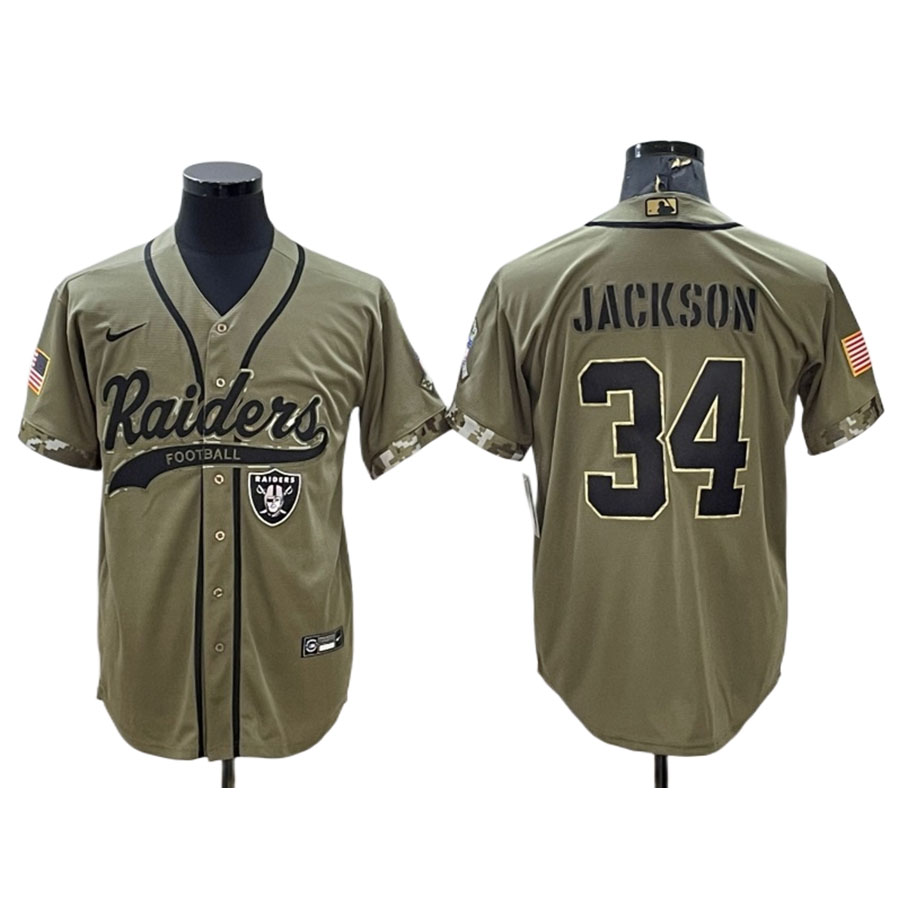 Men's Las Vegas Raiders Bo Jackson Olive Salute to Service Baseball Jersey