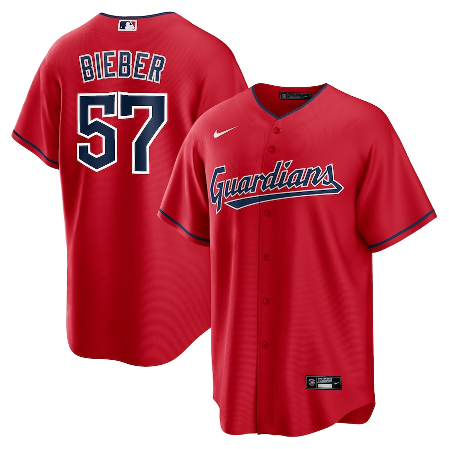 Men's Cleveland Guardians Shane Bieber Red Alternate Replica Player Jersey