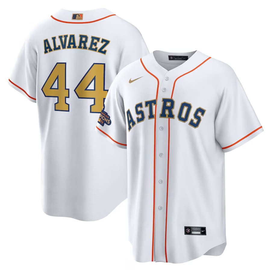 Mens Houston Astros Yordan Alvarez White Gold 2023 Gold Collection Replica Player Jersey