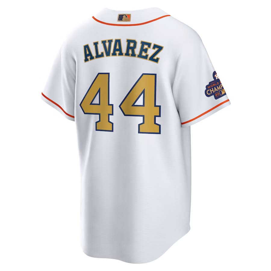 Mens Houston Astros Yordan Alvarez White Gold 2023 Gold Collection Replica Player Jersey