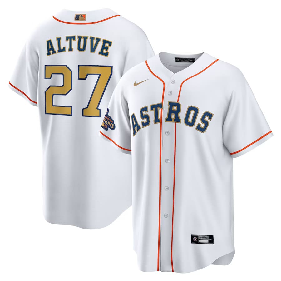 Mens Houston Astros Jose Altuve White Gold 2023 Gold Collection Replica Player Jersey