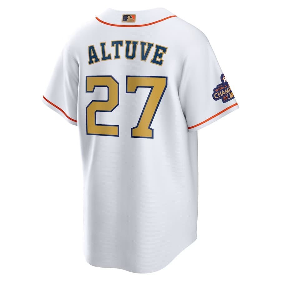 Mens Houston Astros Jose Altuve White Gold 2023 Gold Collection Replica Player Jersey