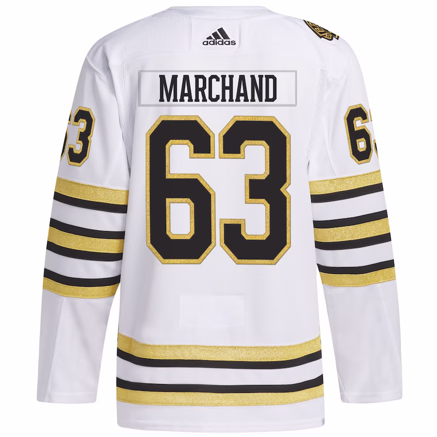 Men's Boston Bruins Brad Marchand White Primegreen 100th Anniversary Authentic Player Jersey