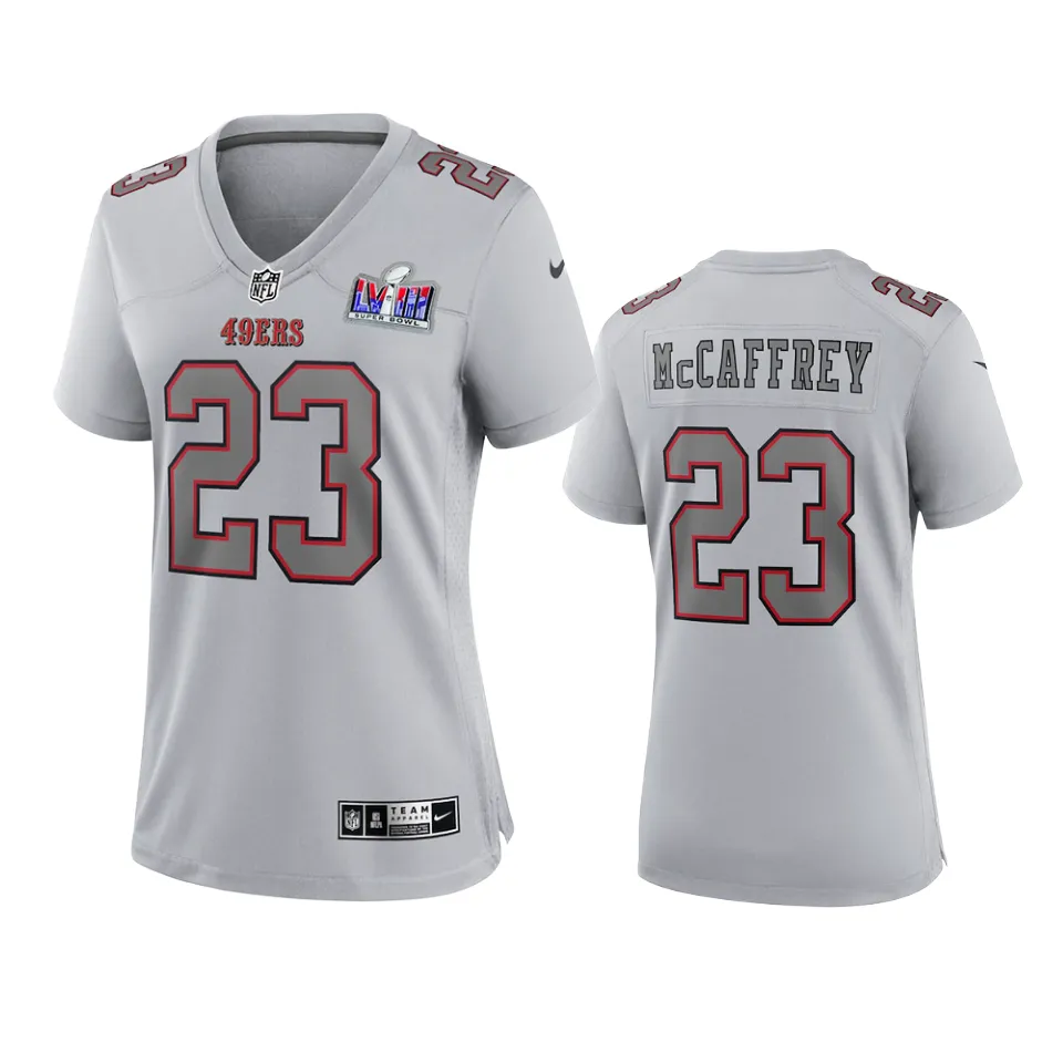 Women San Francisco 49ers Christian McCaffrey Gray Super Bowl LVII Atmosphere Fashion Jersey
