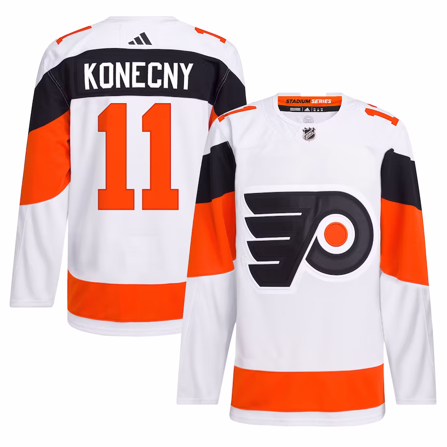 Men's Philadelphia Flyers Travis Konecny White 2024 NHL Stadium Series Primegreen Authentic Player Jersey
