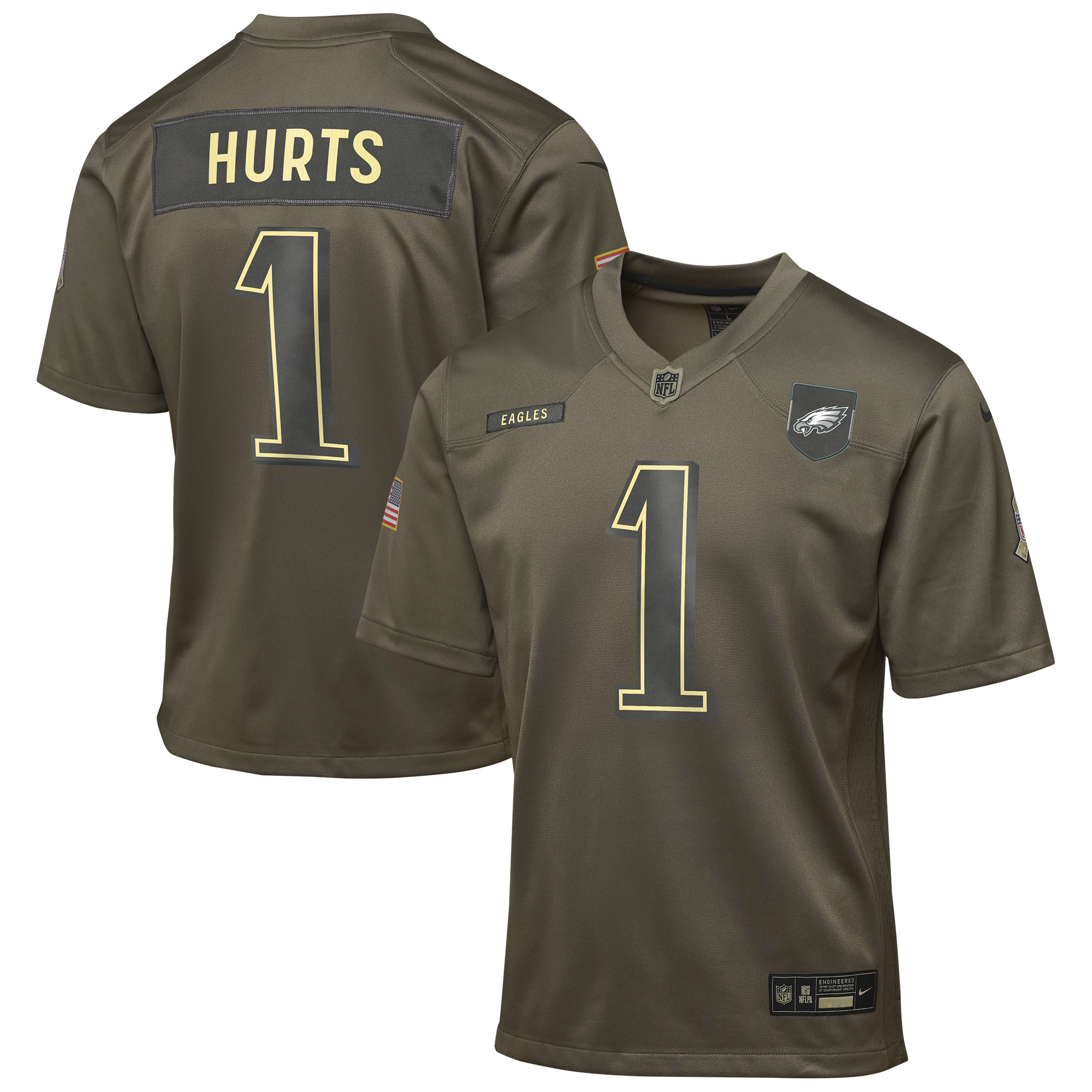 Youth Philadelphia Eagles Jalen Hurts Olive 2025 Salute to Service Game Jersey