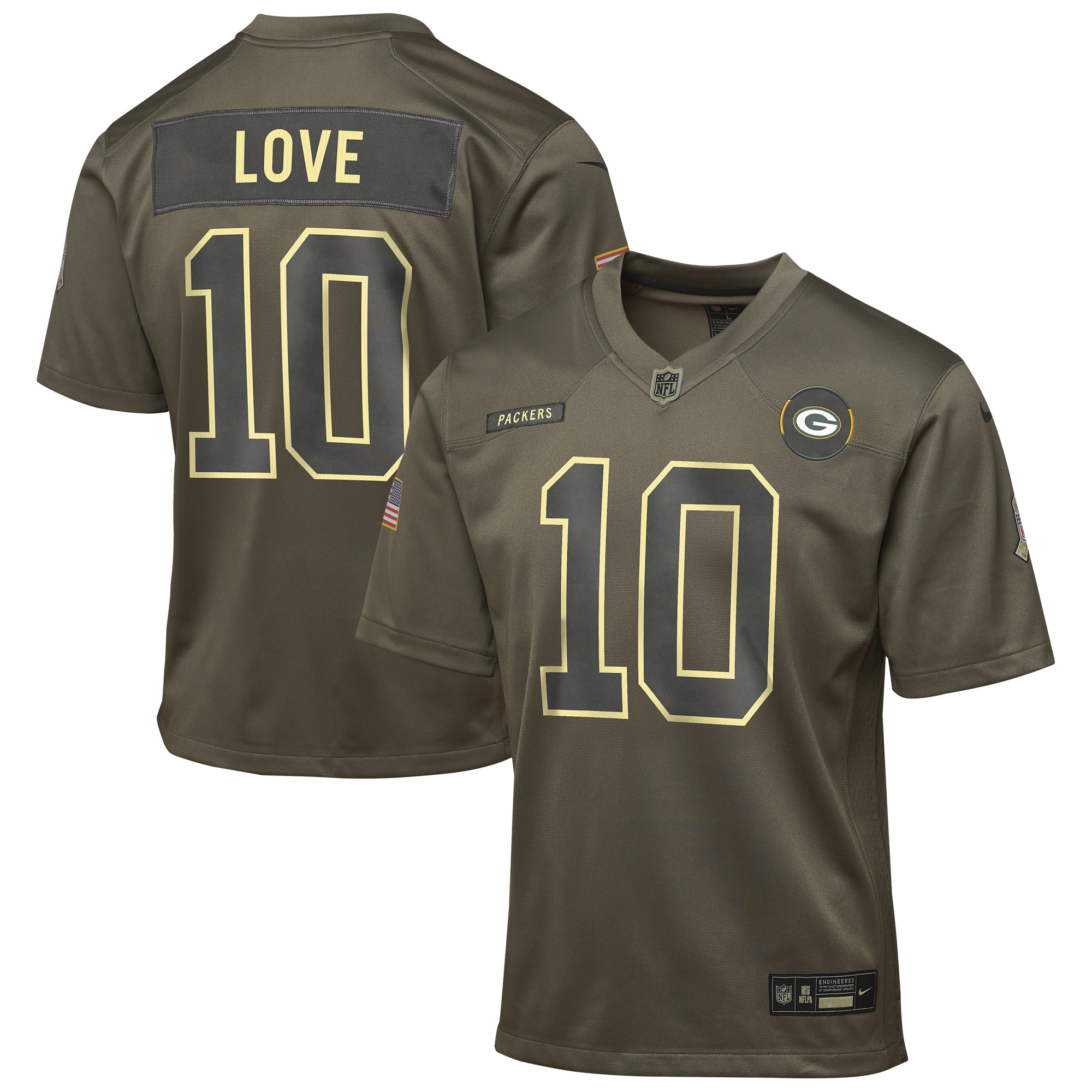 Youth Green Bay Packers Jordan Love Olive 2025 Salute to Service Game Jersey