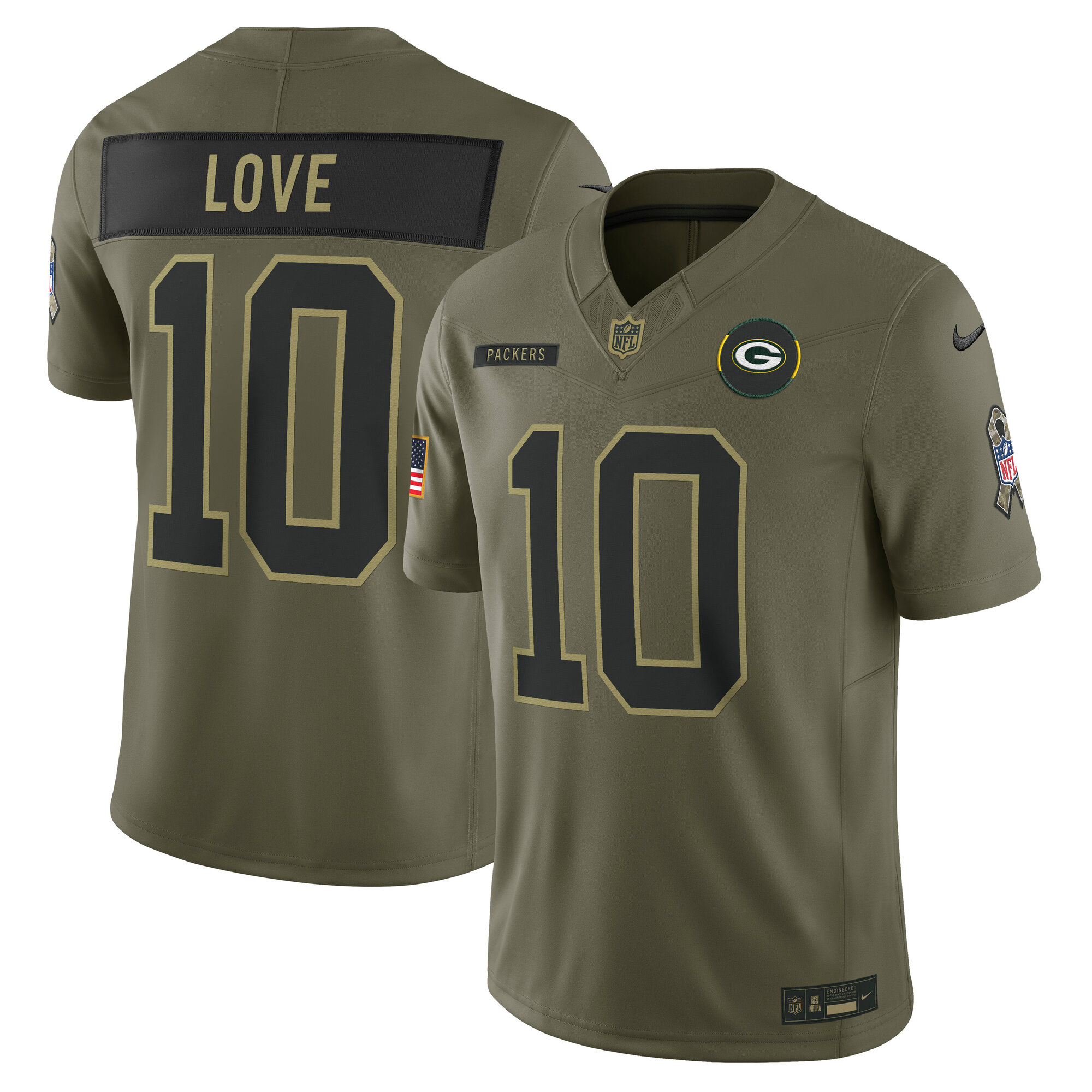 Men's Green Bay Packers Jordan Love Olive 2025 Salute to Service Limited Jersey
