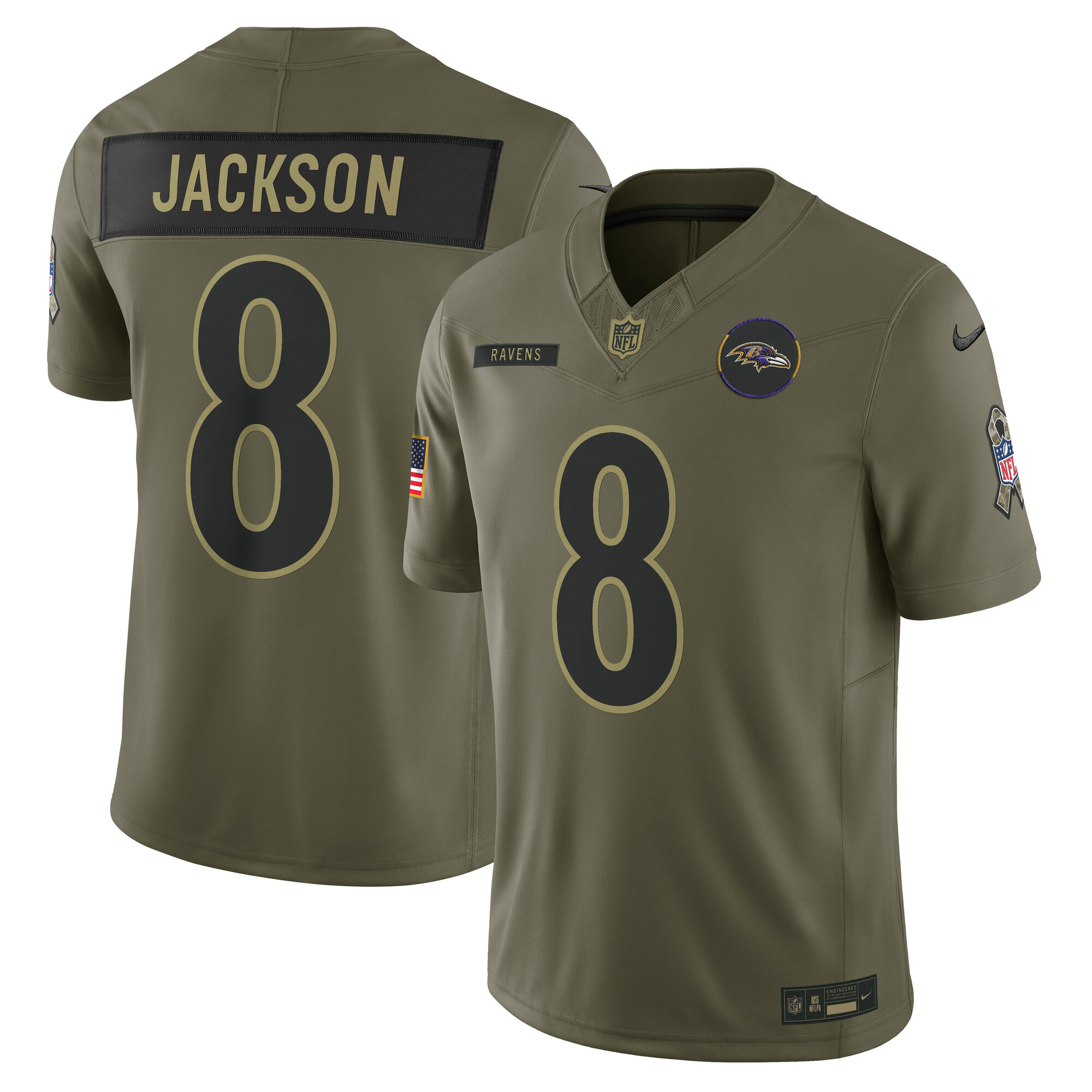 Men's Baltimore Ravens Lamar Jackson Olive 2025 Salute to Service Limited Jersey