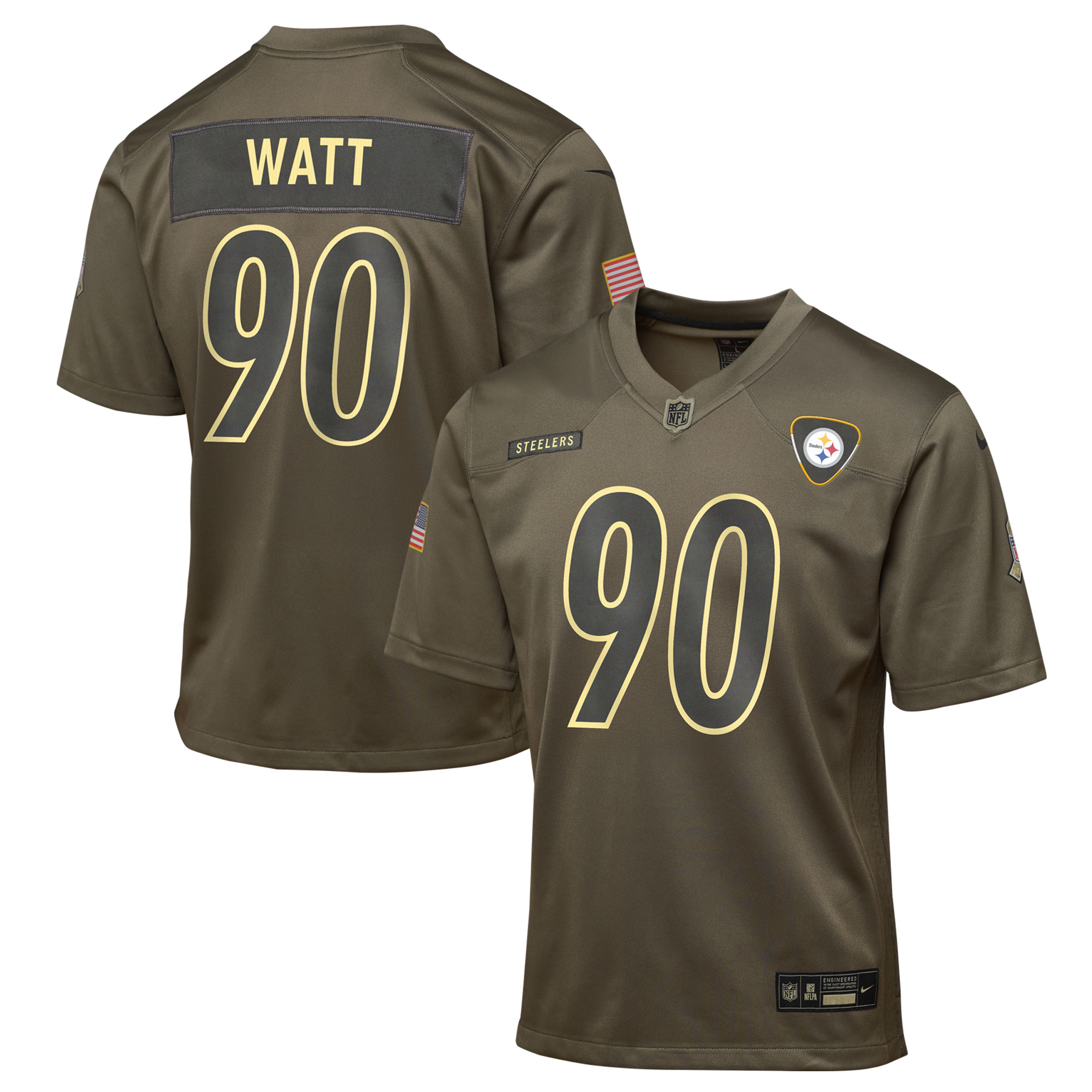 Youth Pittsburgh Steelers T.J. Watt Olive 2025 Salute to Service Game Jersey