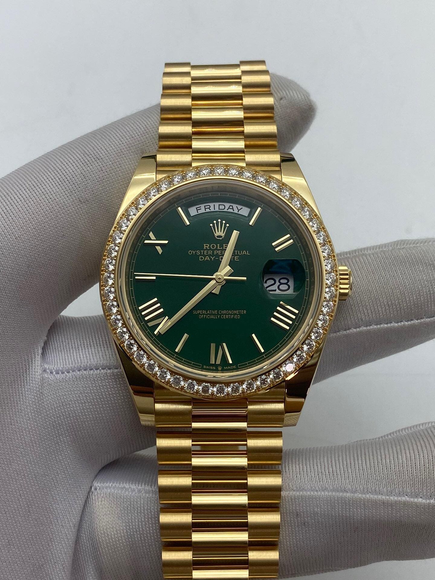 Rolex Day-Date 40 228348RBR Yellow Gold Green Ombre Roman Numeral Dial Diamond Bezel (2024)