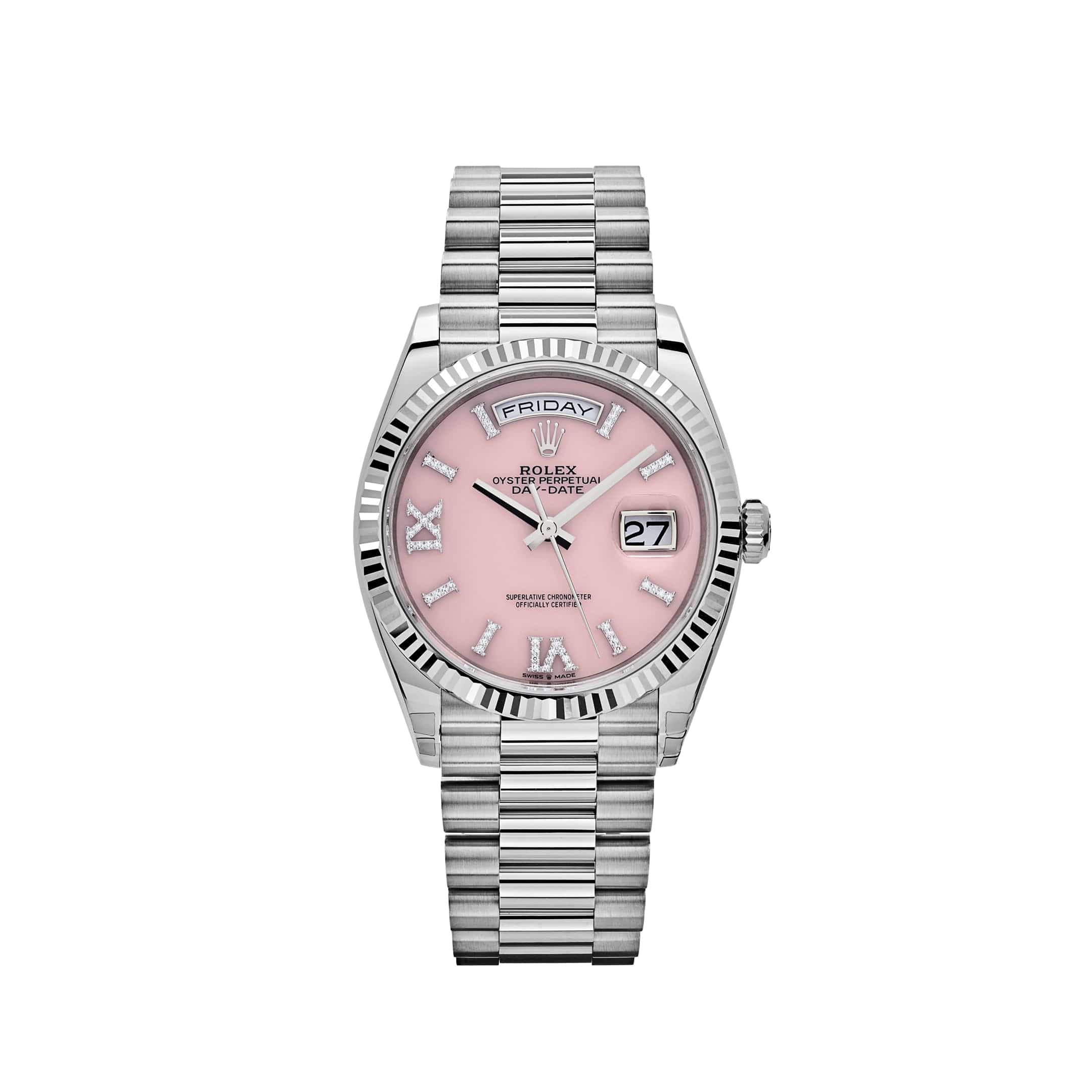 Rolex Day-Date 36 128239 White Gold Pink Opal Diamond Roman Numerals Dial