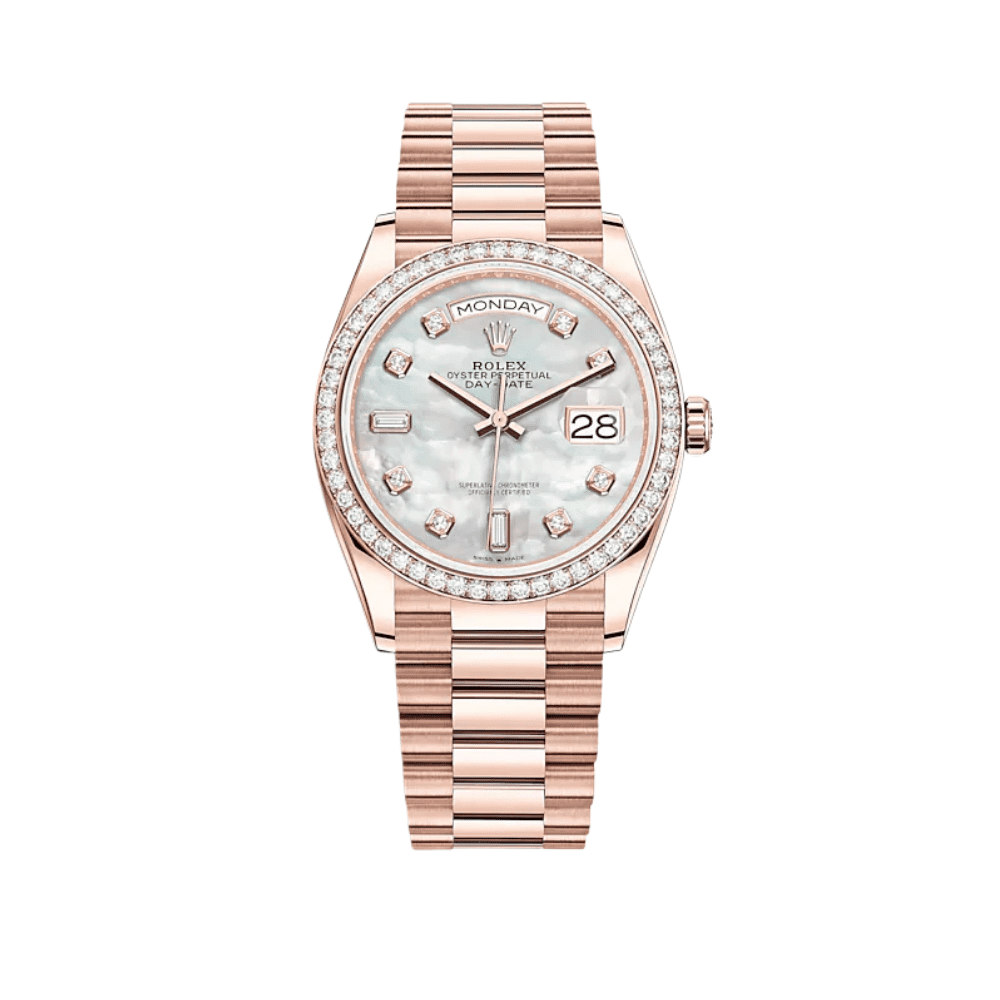 Rolex Day-Date 36 128345RBR Rose Gold Mother of Pearl Diamond Bezel (2025)