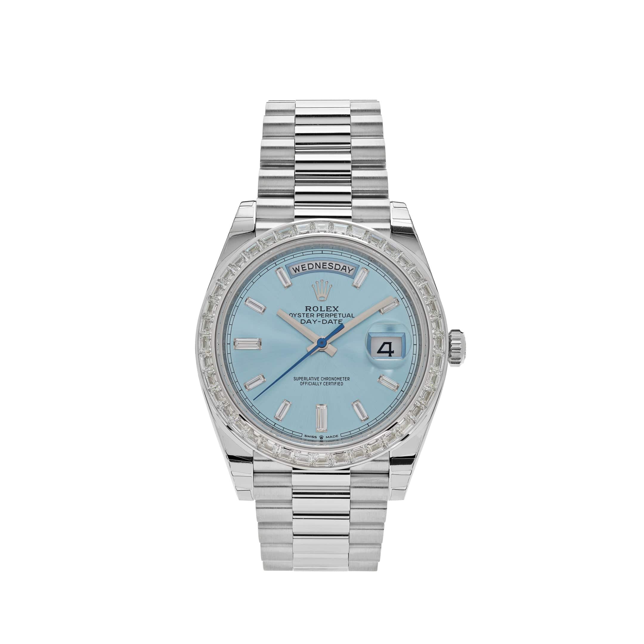 Rolex Day-Date 40 228396TBR Platinum Diamond Bezel Ice Blue Diamond Dial (2023)