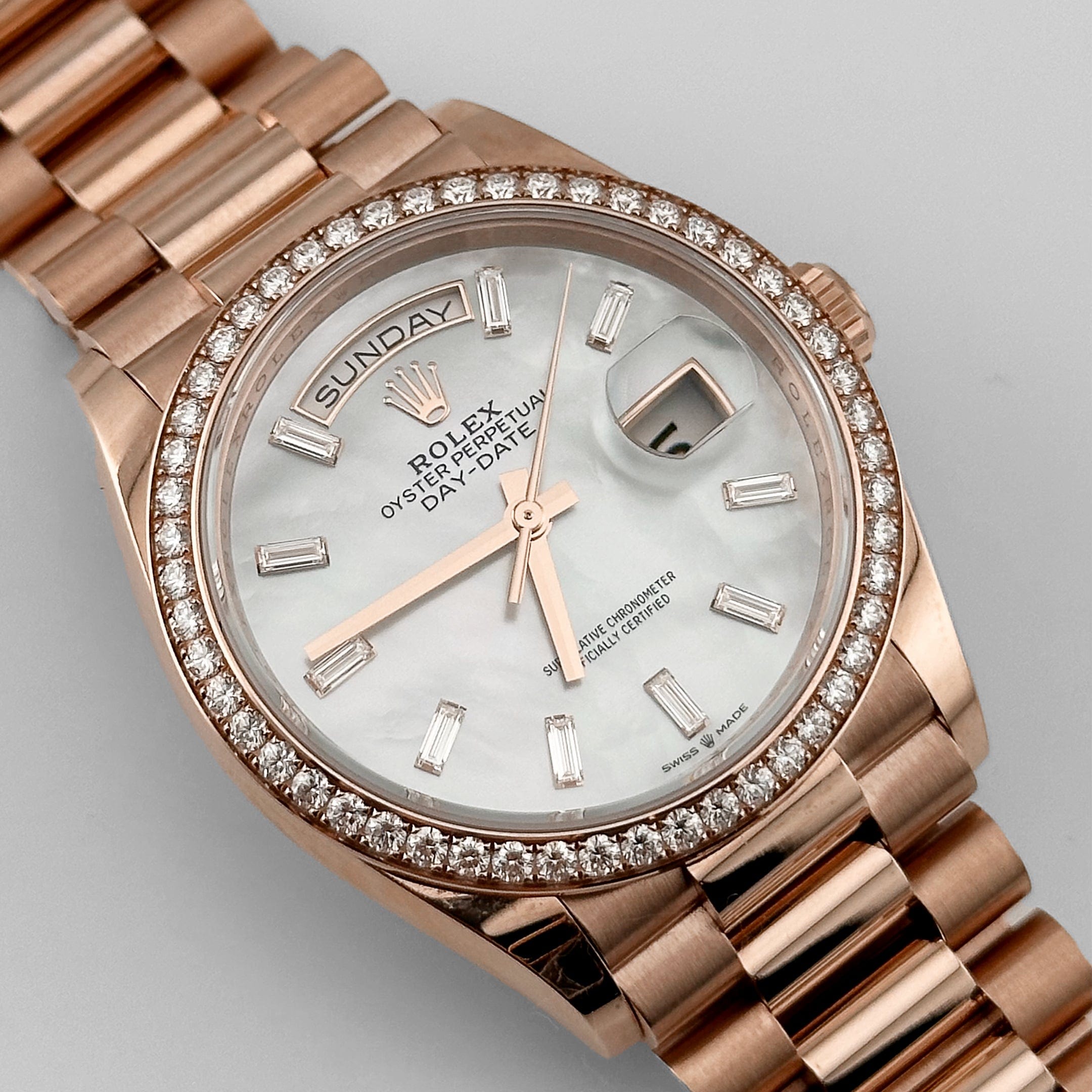 Rolex Day-Date 36 128345RBR Rose Gold Mother of Pearl Diamond Bezel (2025)