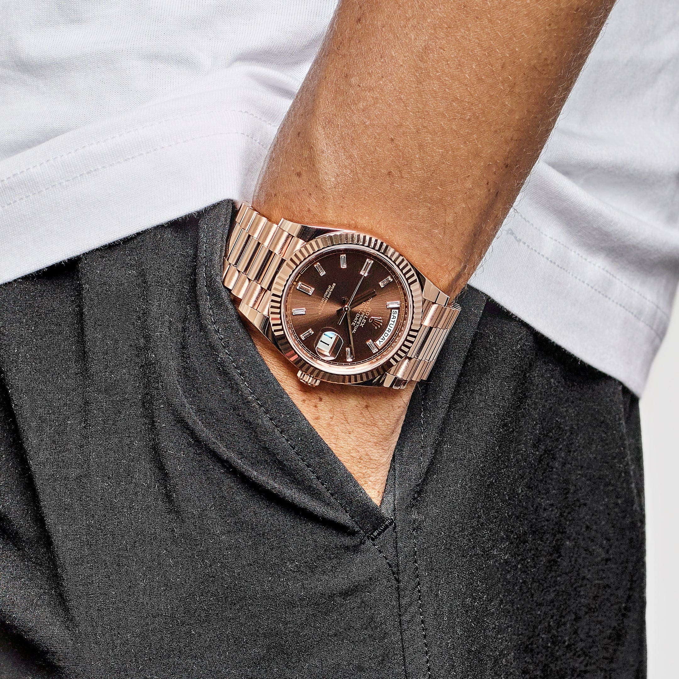 Rolex Day-Date 40 228235 Rose Gold Chocolate Baguette Diamond Dial