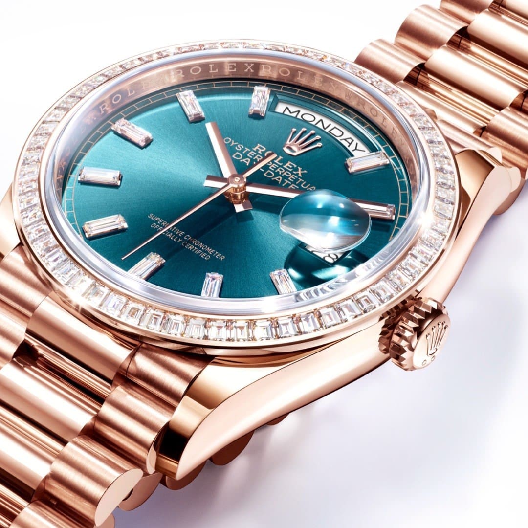 Rolex Day-Date 36 128345RBR Rose Gold Diamond Bezel Blue-Green Baguette Marker Dial