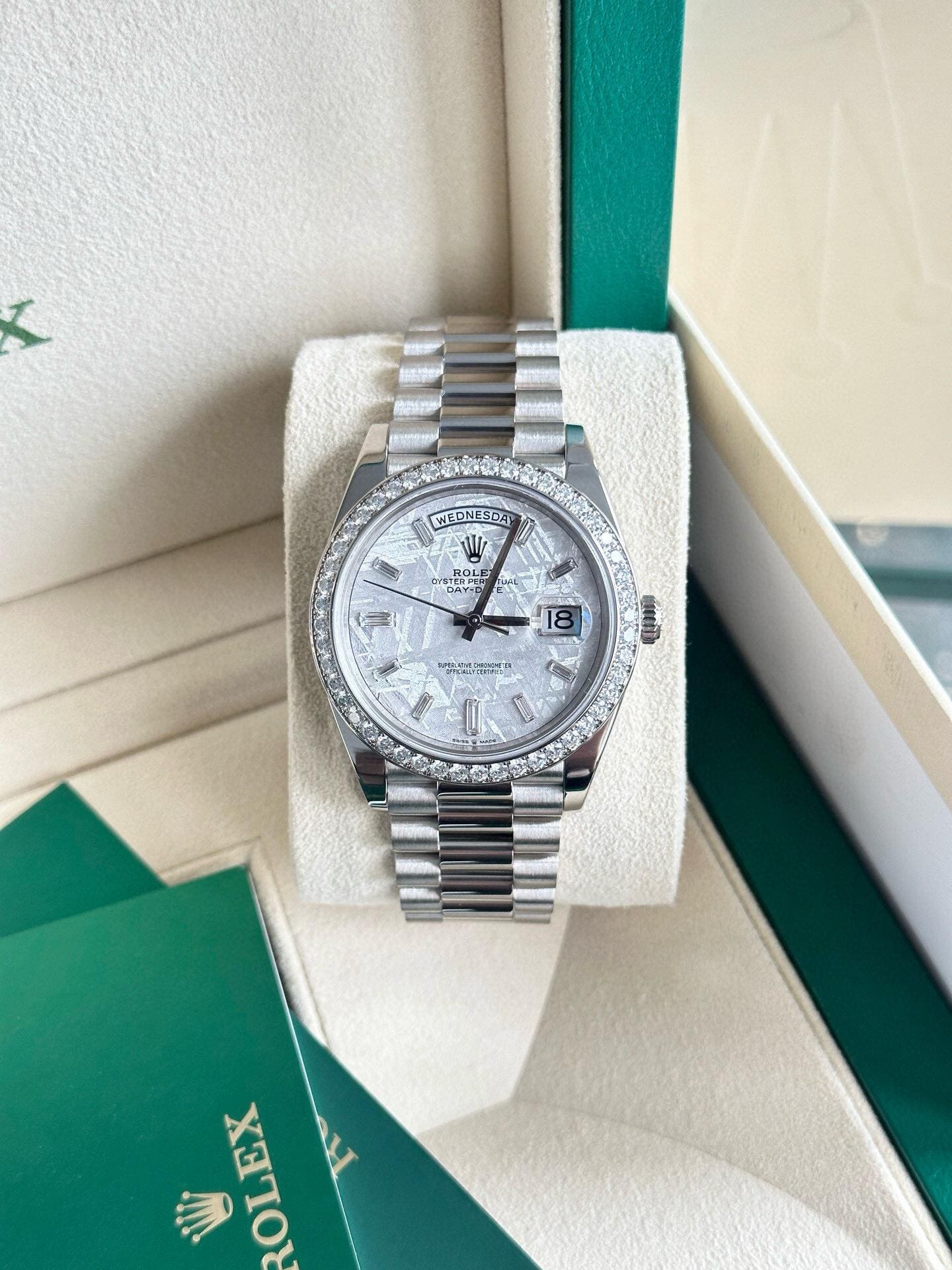 Rolex Day-Date 36 128349RBR White Gold Diamond Bezel Mother of Pearl Diamond Dial