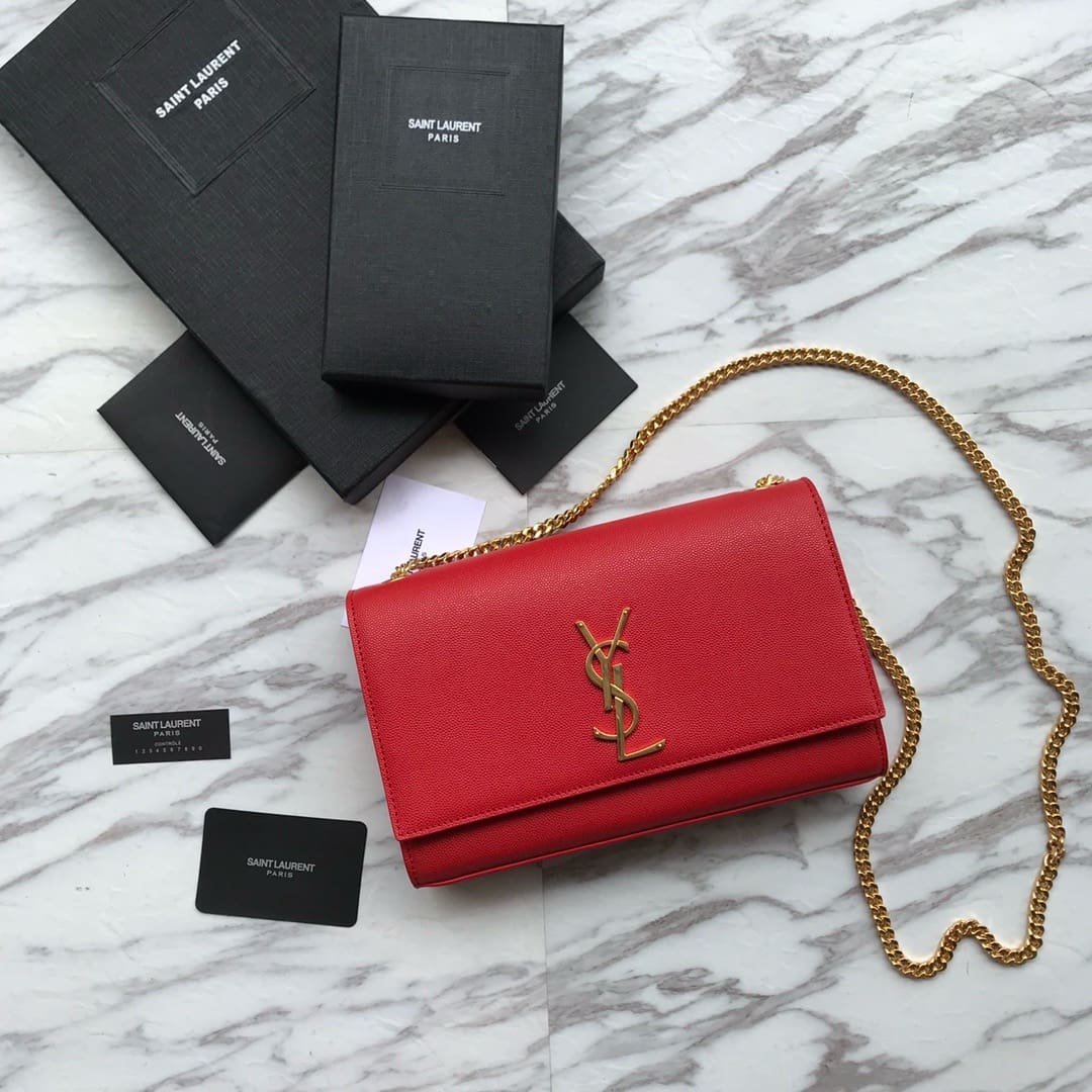 Saint Laurent Red Grained Leather Monogram Medium Kate Flap Bag