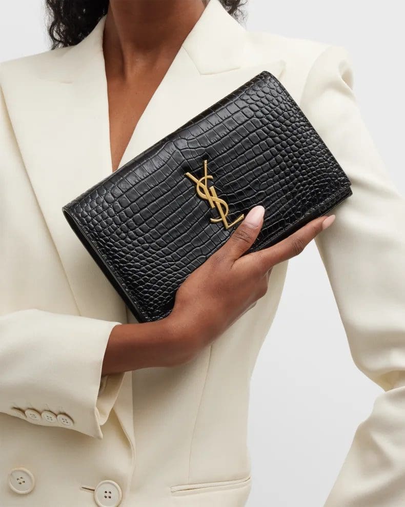 Saint Laurent Cassandra YSL Wallet on Chain in Croc Embossed Leather