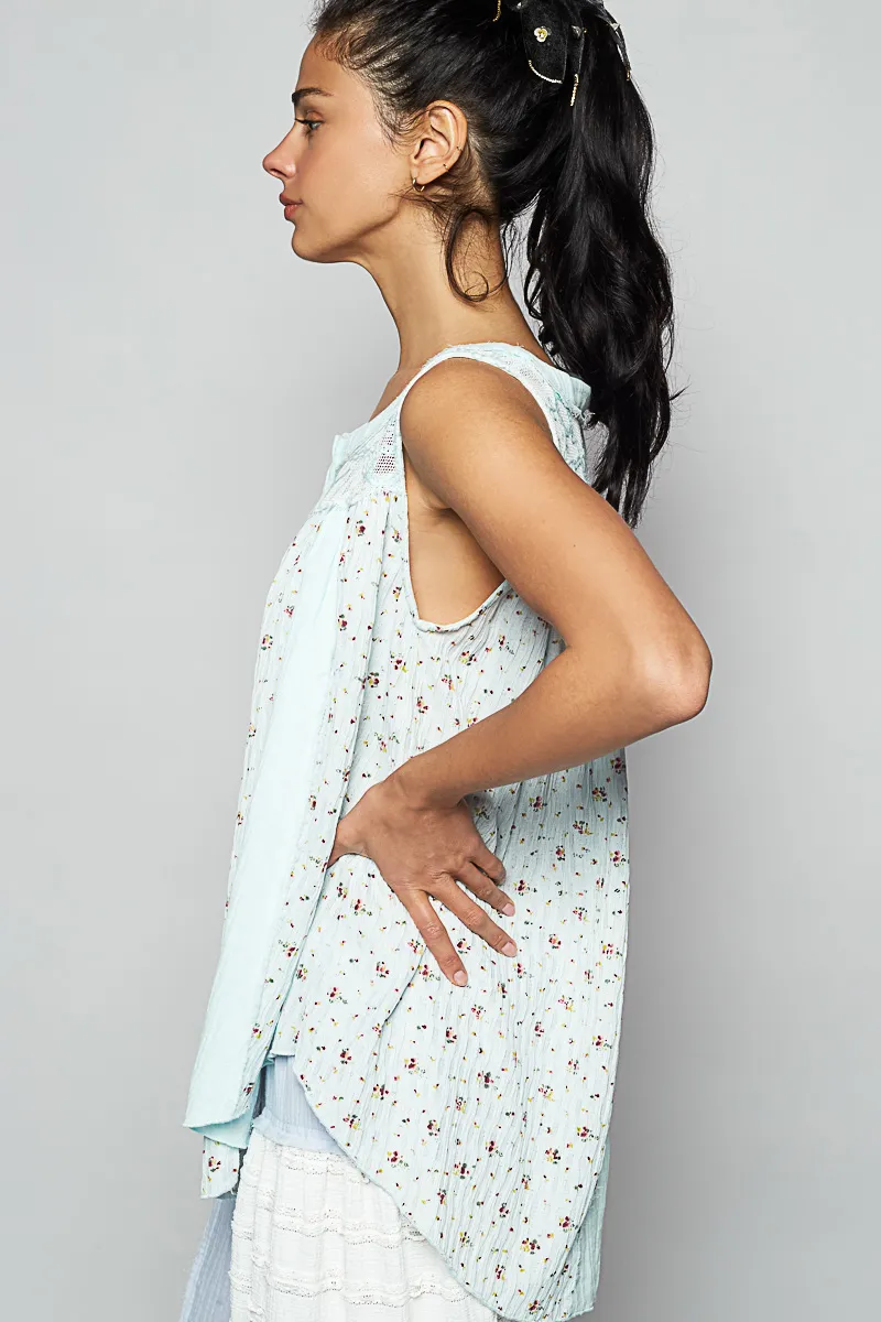 POL Floral Print Button-Front Lace Patchwork Tank Top