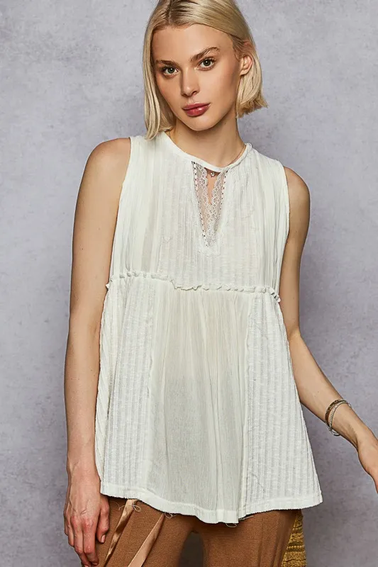 POL Lace Trim Round Neck Tank with Pintuck Detail