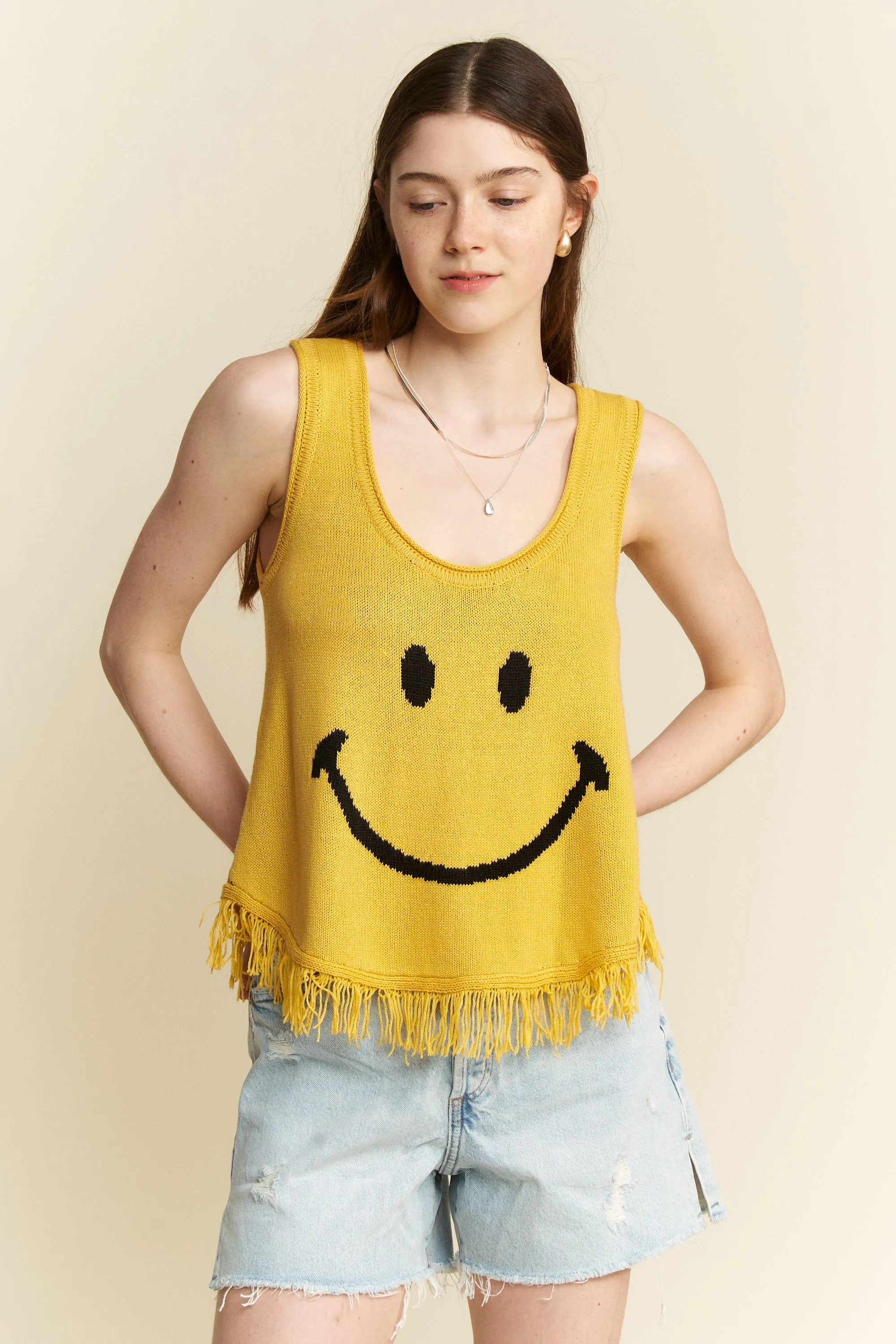 Jade By Jane Full Size Smiley Fringe Tank Top Plus Size